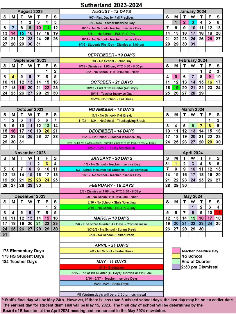 Sutherland Public Schools Calendar 2024